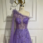 Lilac A Line One Shoulder Cape Sleeves Feathers Beaded Luxury Evening Dresses Gowns for Women Wedding Party LA72503A