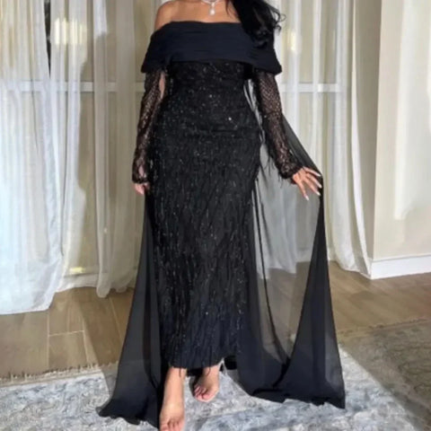 Luxury Tassel Lilac Off Shoulder Evening Dress with Cape LA72374