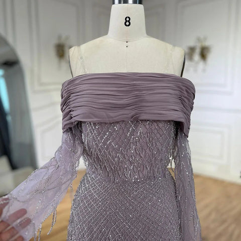 Luxury Tassel Lilac Off Shoulder Evening Dress with Cape LA72374