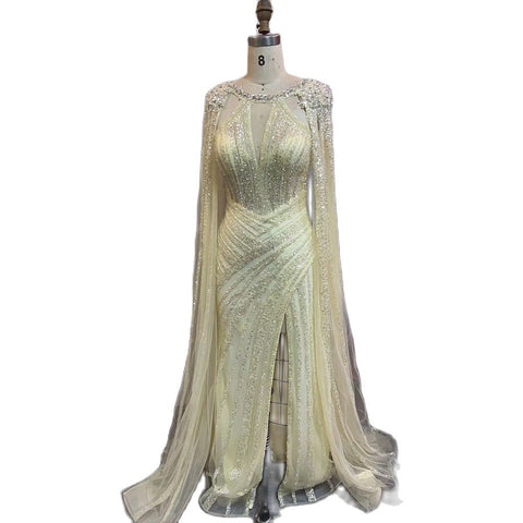 Robe de soirée luxueuse jaune cristal avec manches cape LA72085
