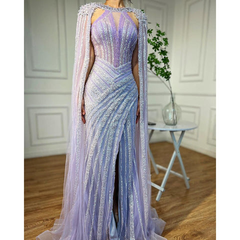 Robe de soirée luxueuse jaune cristal avec manches cape LA72085