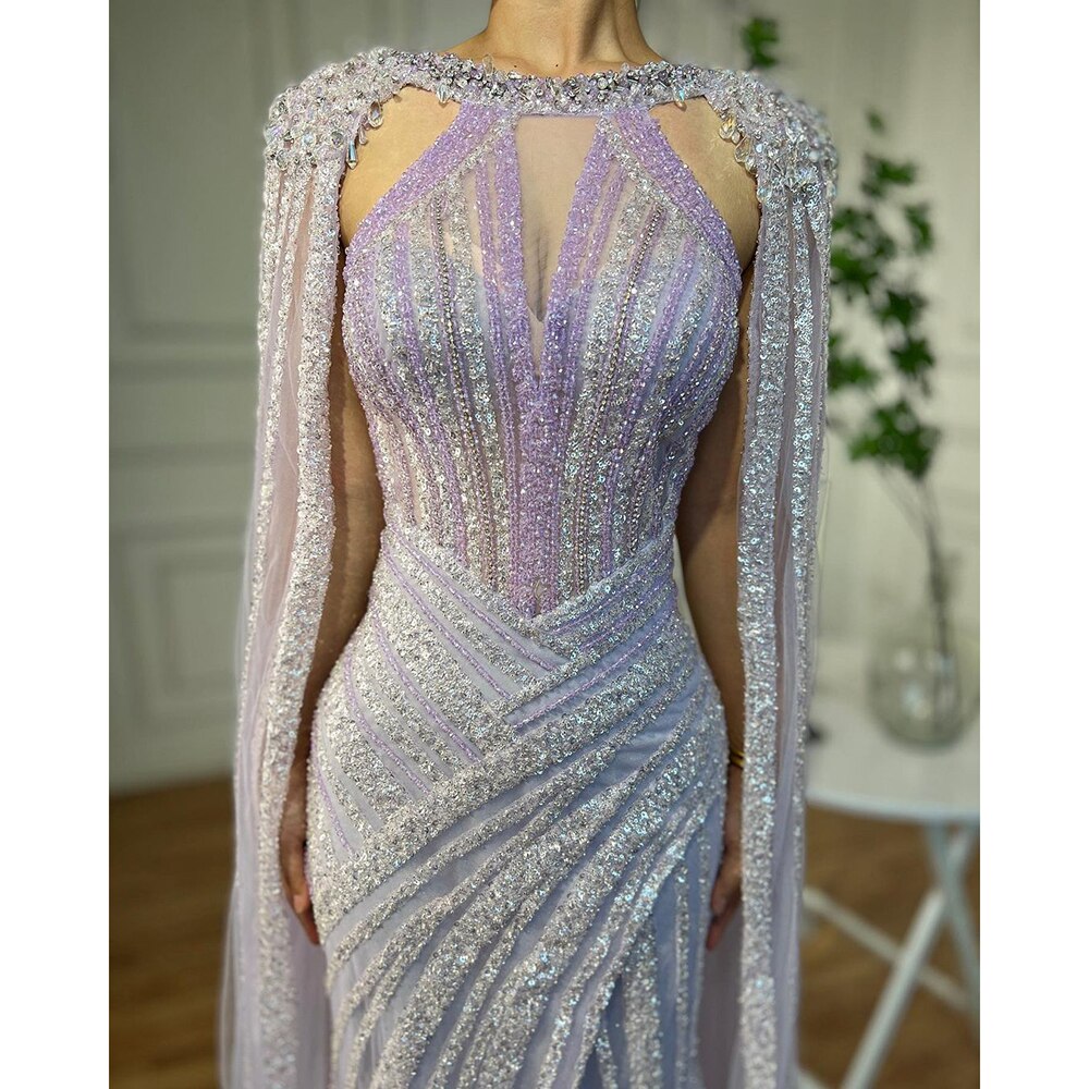 Luxury Crystal Yellow Evening Dress with Cape Sleeves LA72085