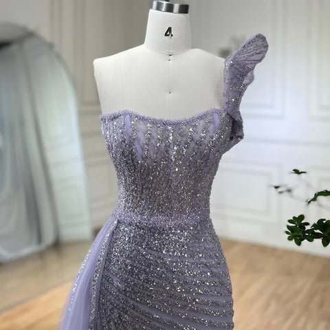 Lilac One Shoulder High Split Beaded Mermaid Evening Dress Gown LA72277