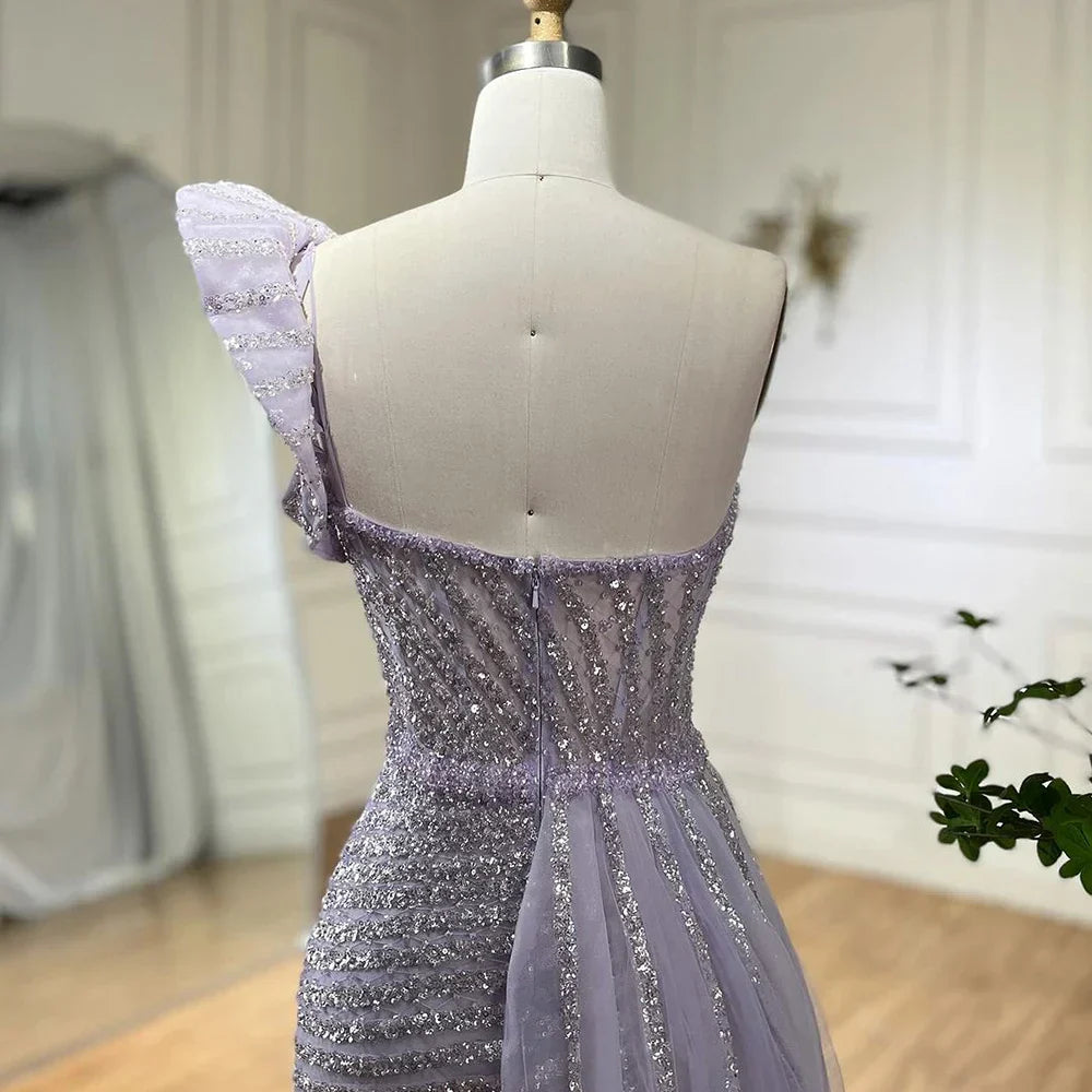 Lilac One Shoulder High Split Beaded Mermaid Evening Dress Gown LA72277