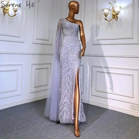 Lilac High Split Mermaid Elegant One Shoulder Evening Dresses Gowns Luxury Beaded 2025 For Women Party LA71493