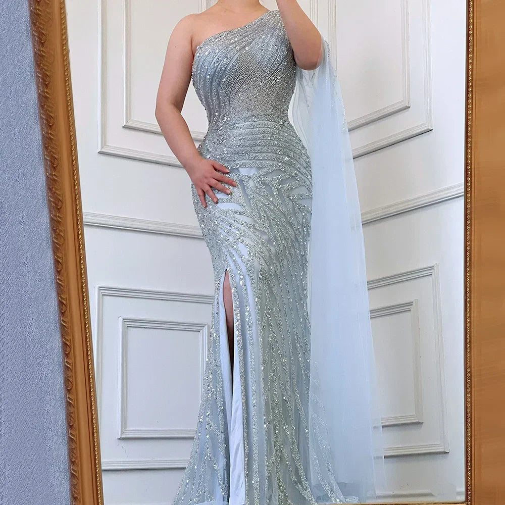 Lilac High Split Mermaid Elegant One Shoulder Evening Dresses Gowns Luxury Beaded 2025 For Women Party LA71493