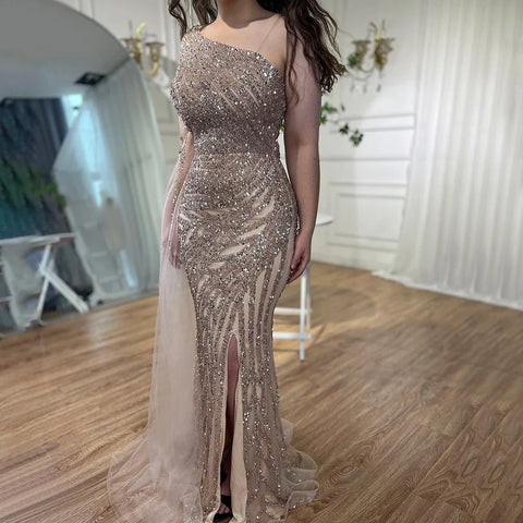 Lilac High Split Mermaid Elegant One Shoulder Evening Dresses Gowns Luxury Beaded 2025 For Women Party LA71493