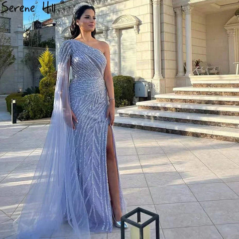 Lilac High Split Mermaid Elegant One Shoulder Evening Dresses Gowns Luxury Beaded 2025 For Women Party LA71493