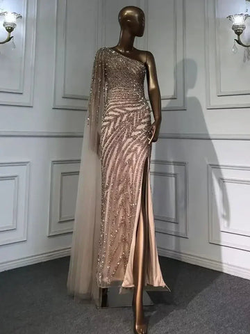 Lilac High Split Mermaid Elegant One Shoulder Evening Dresses Gowns Luxury Beaded 2025 For Women Party LA71493