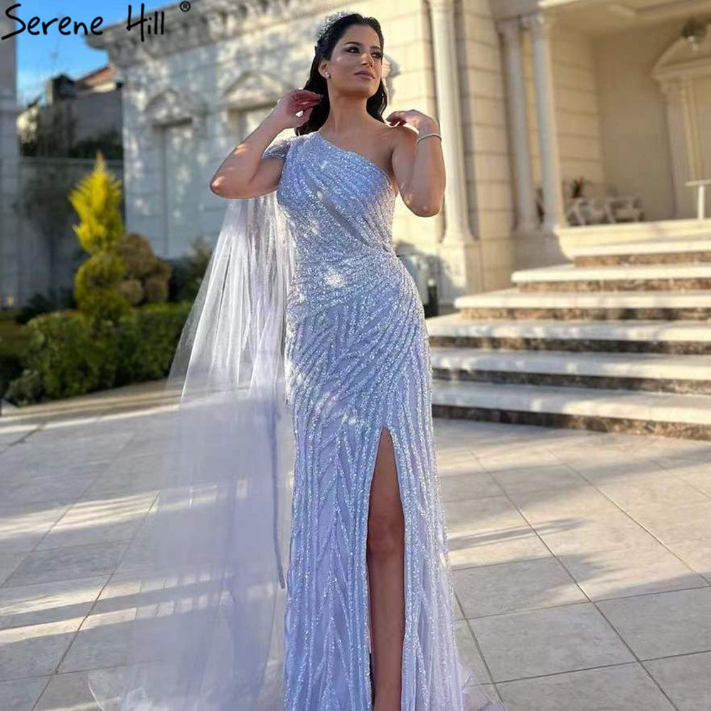 Lilac High Split Mermaid Elegant Sexy One Shoulder Evening Dresses Gowns Luxury Beaded 2025 For Women Party LA71493