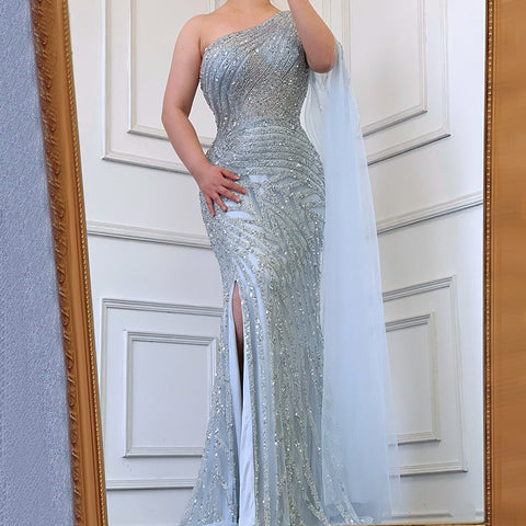 Lilac High Split Mermaid Elegant Sexy One Shoulder Evening Dresses Gowns Luxury Beaded 2025 For Women Party LA71493