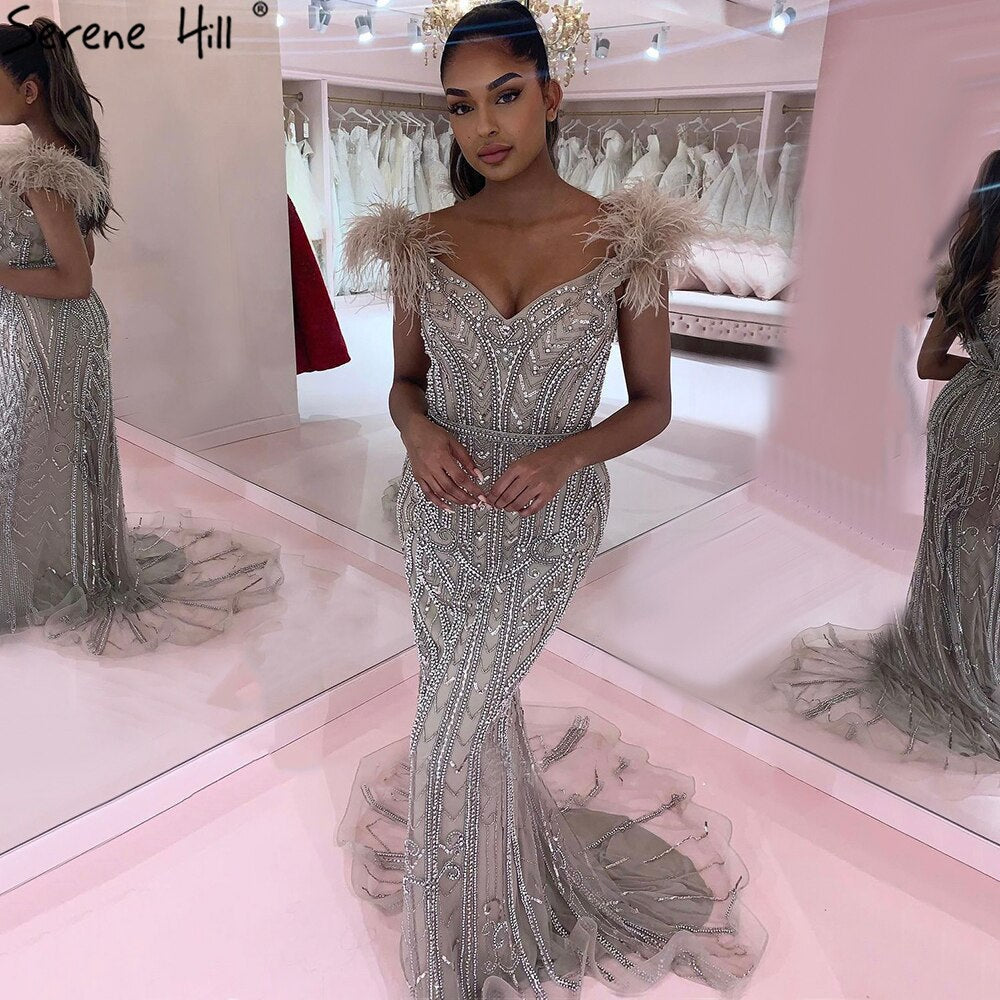 Lilac Luxury Beaded Mermaid Evening Dress Gown with Feathers LA70830