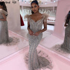 Lilac Luxury Beaded Mermaid Evening Dress Gown with Feathers LA70830