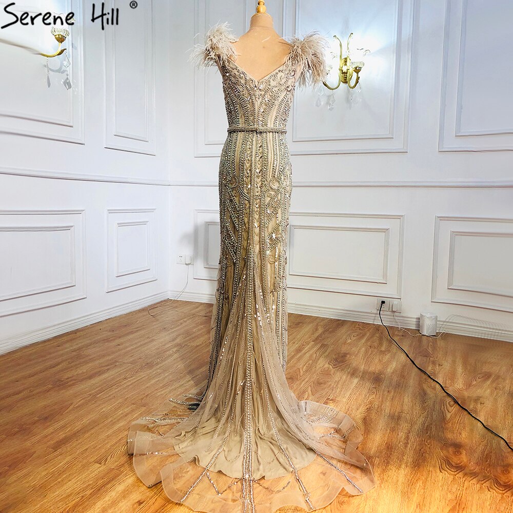 Lilac Luxury Beaded Mermaid Evening Dress Gown with Feathers LA70830