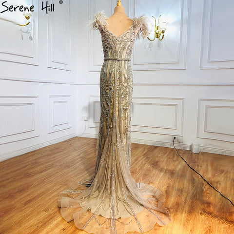 Lilac Luxury Beaded Mermaid Evening Dress Gown with Feathers LA70830