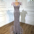 Lilac Luxury Beaded Mermaid Evening Dress Gown with Feathers LA70830