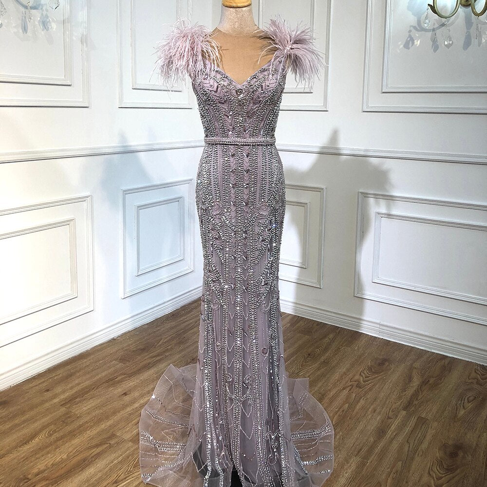 Lilac Luxury Beaded Mermaid Evening Dress Gown with Feathers LA70830