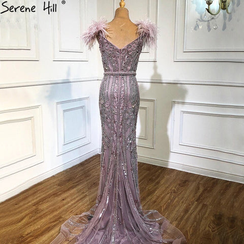 Lilac Luxury Beaded Mermaid Evening Dress Gown with Feathers LA70830
