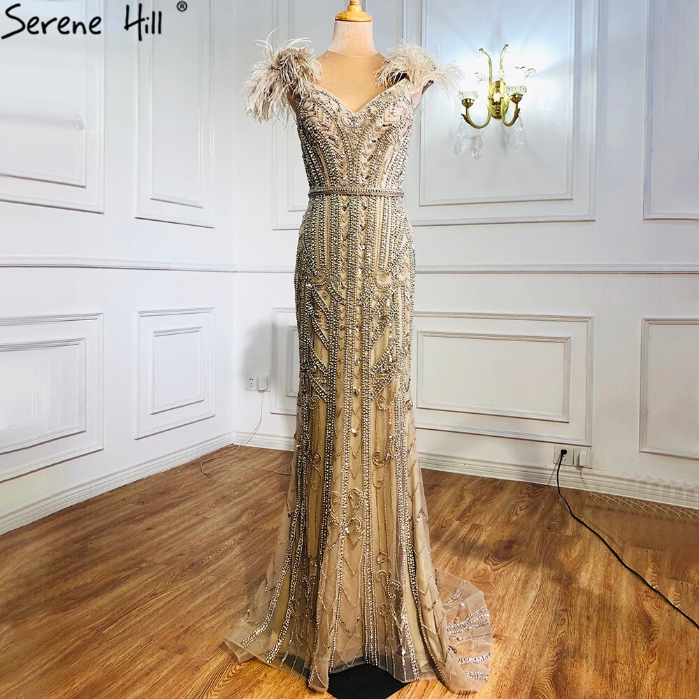 Lilac Luxury Beaded Mermaid Evening Dress Gown with Feathers LA70830
