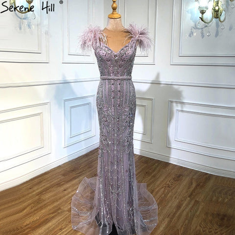 Lilac Luxury Beaded Mermaid Evening Dress Gown with Feathers LA70830