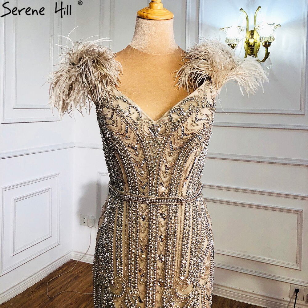 Lilac Luxury Beaded Mermaid Evening Dress Gown with Feathers LA70830