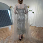 Lilac Mermaid Ankle Length Feather Beaded Luxury Evening Dress Gown with Cape LA71841