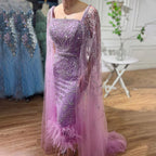 Lilac Mermaid Ankle Length Feather Beaded Luxury Evening Dress Gown with Cape LA71841