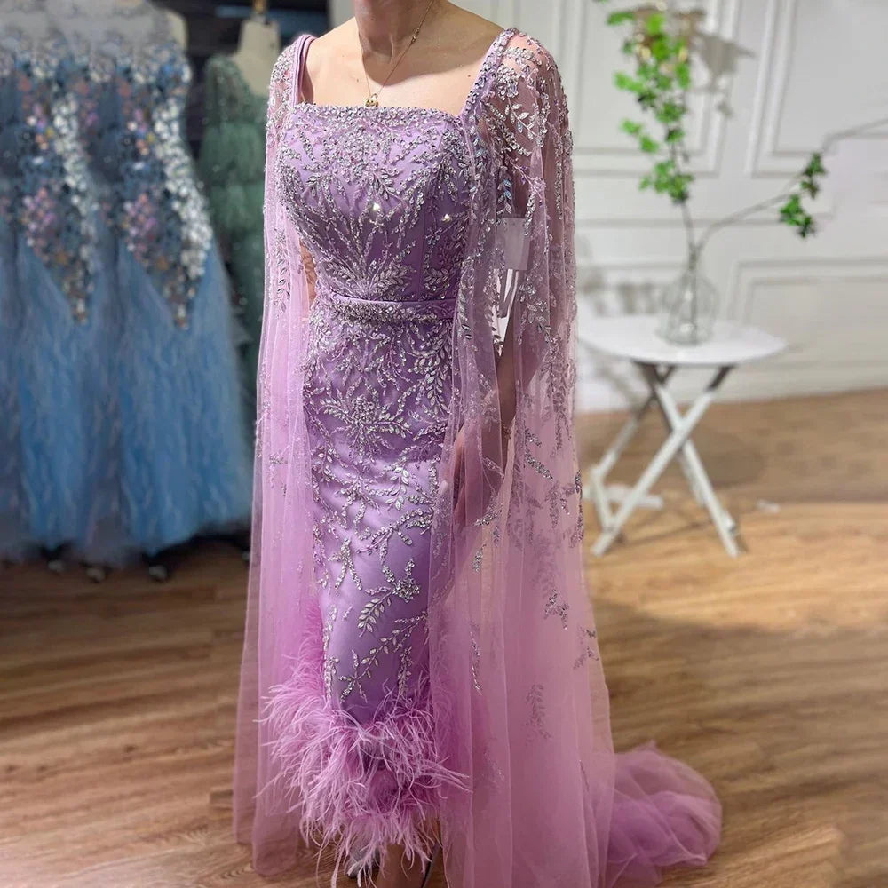 Lilac Mermaid Ankle Length Feather Beaded Luxury Evening Dress Gown with Cape LA71841