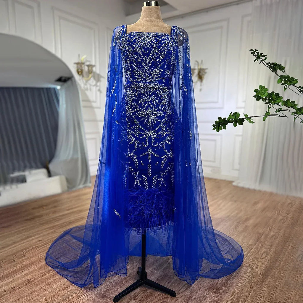 Lilac Mermaid Ankle Length Feather Beaded Luxury Evening Dress Gown with Cape LA71841