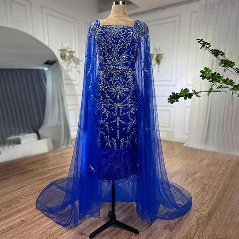 Robe de soirée de luxe lilas sirène longueur cheville, plumes et perles, avec cape LA71841 