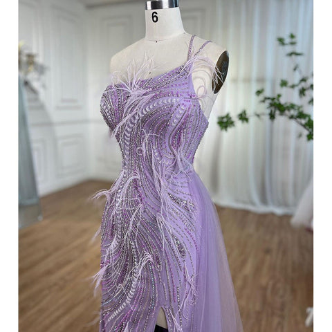 Lilac Mermaid Elegant One Shoulder Feathers Beaded Luxury Evening Dresses Gowns 2025 For Women Wedding Party LA72154