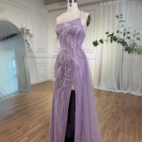 Lilac Mermaid Elegant One Shoulder Feathers Beaded Luxury Evening Dresses Gowns 2025 For Women Wedding Party LA72154
