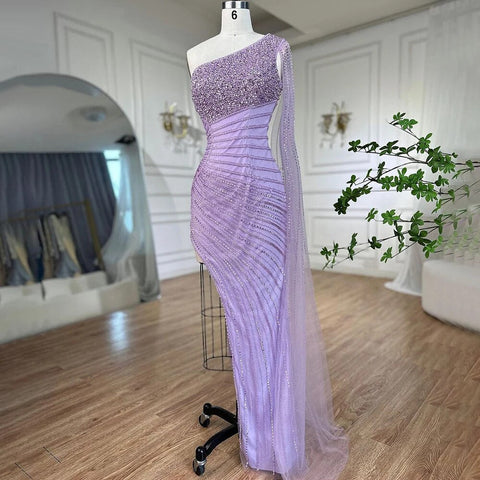 Lilac Mermaid Elegant One Shoulder Sexy High Split Beaded Evening Dresses Gowns 2025 For Women Wedding Party LA72215