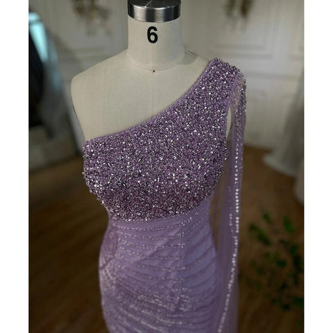 Lilac Mermaid Elegant One Shoulder Sexy High Split Beaded Evening Dresses Gowns 2025 For Women Wedding Party LA72215