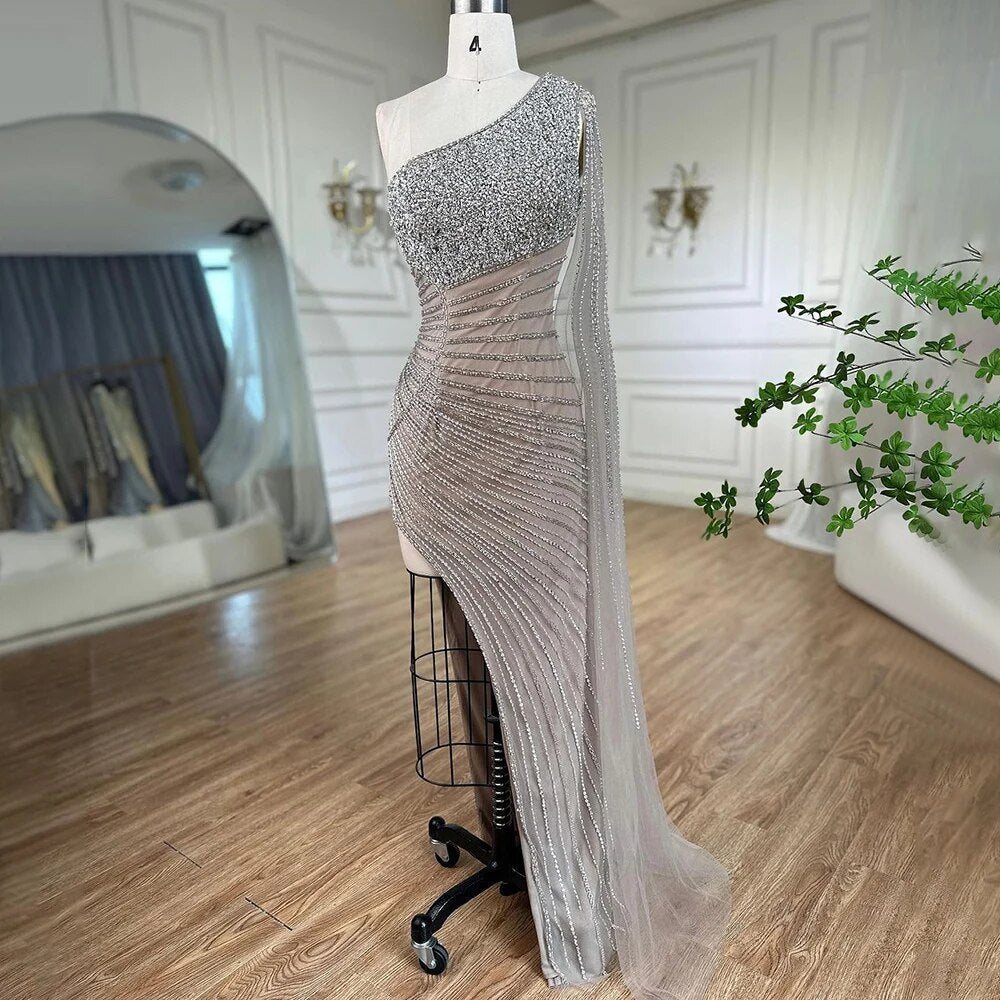 Lilac Mermaid Elegant One Shoulder Sexy High Split Beaded Evening Dresses Gowns 2025 For Women Wedding Party LA72215