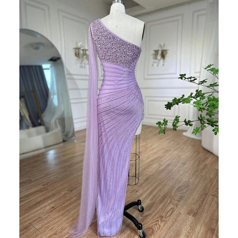 Lilac Mermaid Elegant One Shoulder Sexy High Split Beaded Evening Dresses Gowns 2025 For Women Wedding Party LA72215