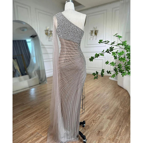 Lilac Mermaid Elegant One Shoulder Sexy High Split Beaded Evening Dresses Gowns 2025 For Women Wedding Party LA72215