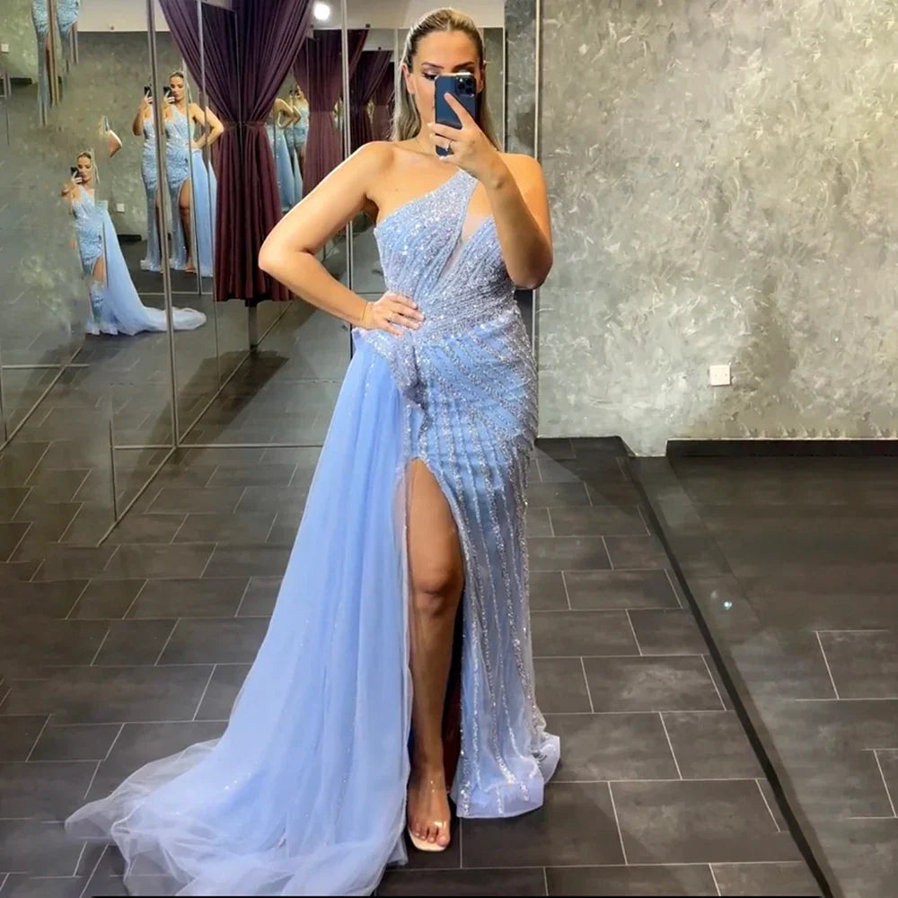 Lilac Mermaid Elegant With Overskirt Sexy One-Shoulder Evening Dresses Gowns Luxury Beaded 2025 Party LA71712