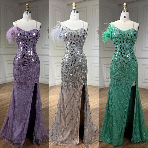 Lilac Mermaid Evening Dresses Gowns 2025 with Spaghetti Straps High Split Beaded Sequins for Women's Party LA72212A