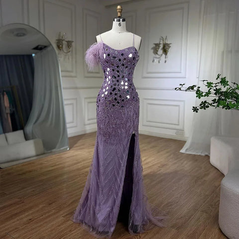 Lilac Mermaid Evening Dresses Gowns 2025 with Spaghetti Straps High Split Beaded Sequins for Women's Party LA72212A