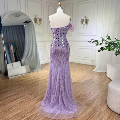 Lilac Mermaid Evening Dresses Gowns 2025 with Spaghetti Straps High Split Beaded Sequins for Women's Party LA72212A