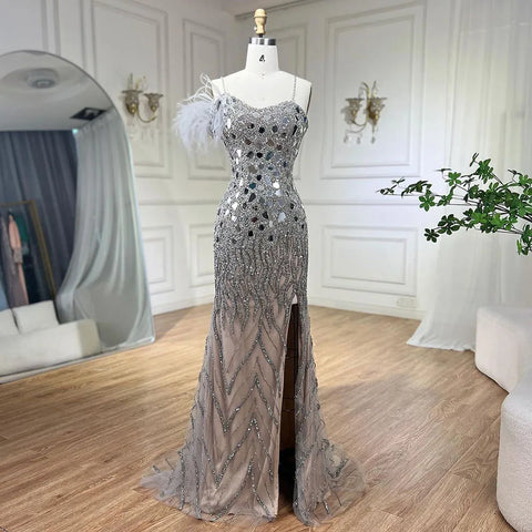 Lilac Mermaid Evening Dresses Gowns 2025 with Spaghetti Straps High Split Beaded Sequins for Women's Party LA72212A