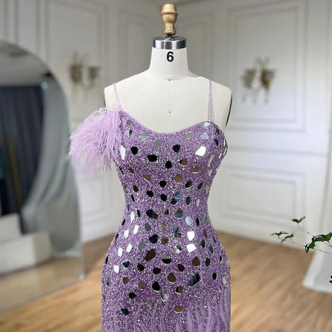 Lilac Mermaid Evening Dresses Gowns 2025 with Spaghetti Straps High Split Beaded Sequins for Women's Party LA72212A