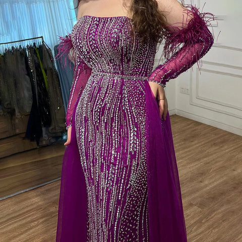 Lilac Mermaid Strapless Overskirt Feather Beaded Evening Dresses With Gloves Gowns 2025 For Women Party LA72029