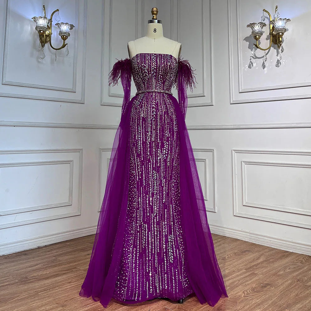 Lilac Mermaid Strapless Overskirt Feather Beaded Evening Dresses With Gloves Gowns 2025 For Women Party LA72029
