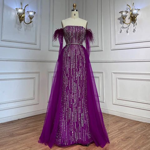 Lilac Mermaid Strapless Overskirt Feather Beaded Evening Dresses With Gloves Gowns 2025 For Women Party LA72029
