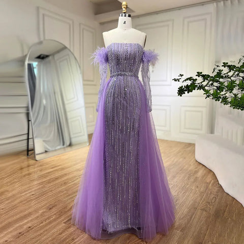 Lilac Mermaid Strapless Overskirt Feather Beaded Evening Dresses With Gloves Gowns 2025 For Women Party LA72029