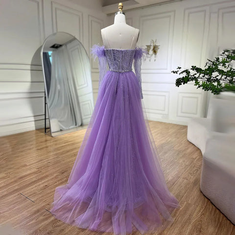 Lilac Mermaid Strapless Overskirt Feather Beaded Evening Dresses With Gloves Gowns 2025 For Women Party LA72029
