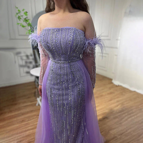 Lilac Mermaid Strapless Overskirt Feather Beaded Evening Dresses With Gloves Gowns 2025 For Women Party LA72029