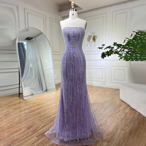 Lilac Mermaid Strapless Overskirt Feather Beaded Evening Dresses With Gloves Gowns 2025 For Women Party LA72029